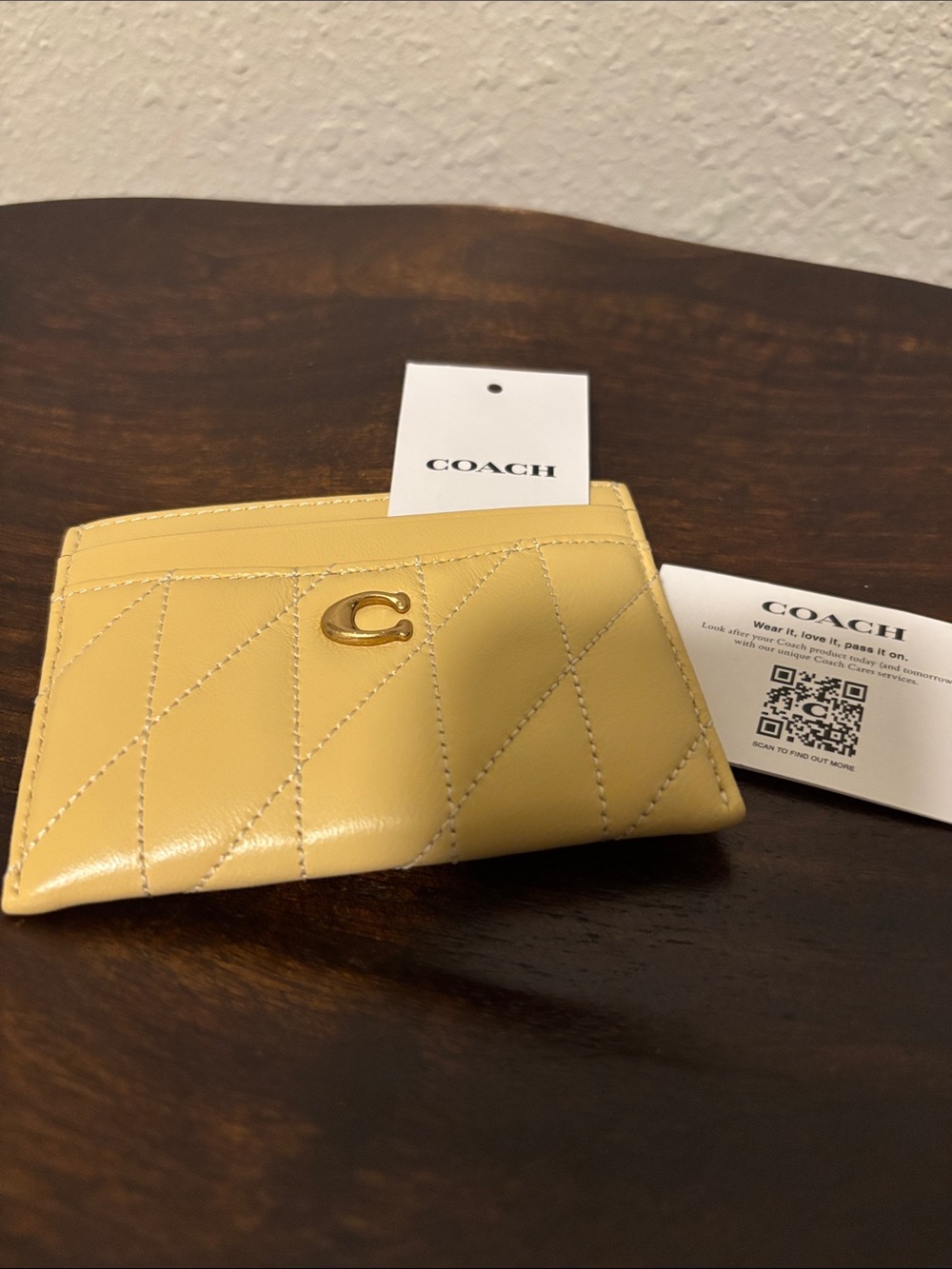 Coach Quilted Leather Card Case - Pale Yellow with Gold Hardware